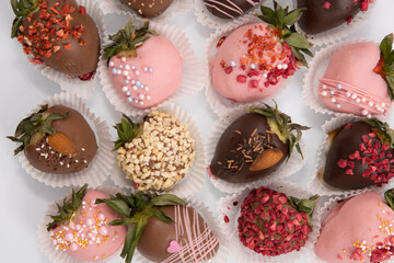 Variety of strawberries covered with chocolate, dark and white chocolate and nuts, on a isoleted background