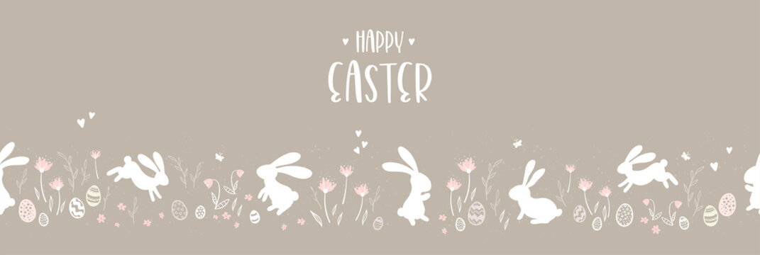 Cute hand drawn Easter horizontal design with bunnies, flowers, easter eggs, beautiful background, great for Easter Cards, banner, textiles, wallpapers - vector design