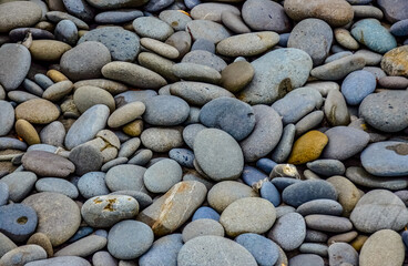Multicolored round pebble stones on the Pacific Ocean in Olympic National Park, Washington