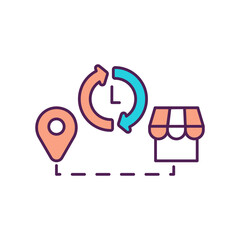 24 7 shipment from warehouse RGB color icon. Goods delivery. Shipping from store. Logistic for order distribution. Smart shopping. GPS mark for destination. Isolated vector illustration