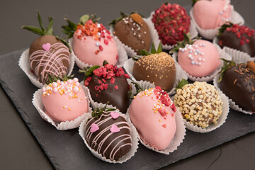 Assorted strawberries in chocolate, sweet dessert, free space for your text, sprinkled with nuts, top view, dark background.