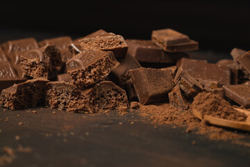 Different pieces of dark chocolate and cocoa powder on a dark surface. Space for text