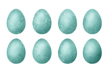 Set of 8 Easter eggs in blue color with acrylic paint texture. Isolated on white background.