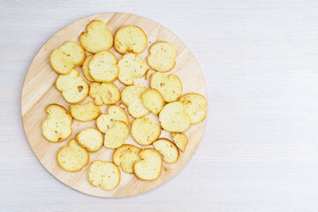 Reuse of bread for making homemade breadcrumbs homemade croutons. copyspace