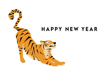 Fototapeta na wymiar イラスト素材 年賀状 HAPPY NEW YEAR 寅年 気持ちよく伸びをするトラ