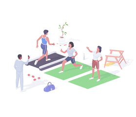 Group lesson in fitness center isometric illustration. Female characters do gymnastics on mats warm up treadmill.