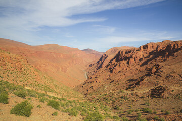 Rocky canyon landscape vista of the Todra Gorge in the eastern High Atlas Mountains in Morocco, near the village of Tinghir.