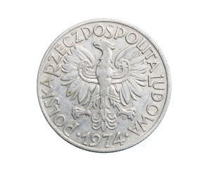 five Polish zloty coin on a white isolated background