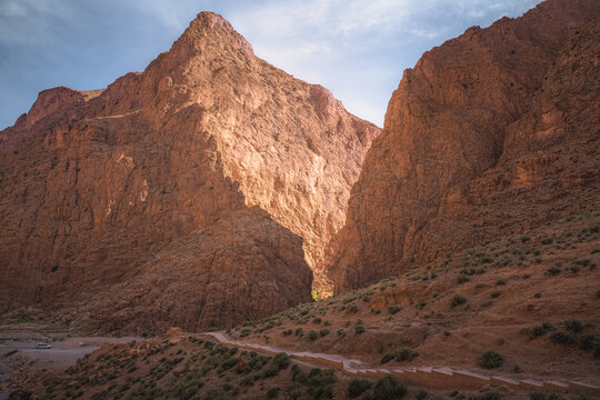 Rocky canyon landscape of the Todra Gorge in the eastern High Atlas Mountains in Morocco, near the village of Tinghir.