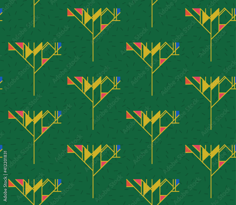 Poster spring seamless geometric pattern with the image of trees, forests, triangles. vector design for web