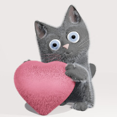 3D rendering of cute cartoon kitten with red heart.