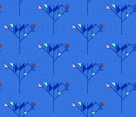 Spring seamless geometric pattern with the image of trees, forests, triangles. Vector design for web banner, business presentation, brand package, fabric, print, wallpaper, postcard.