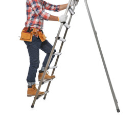 Professional constructor climbing ladder on white background, closeup © New Africa