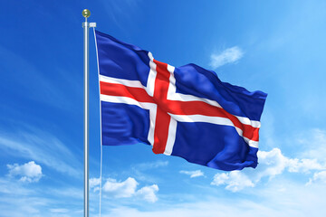 Iceland flag waving on a high quality blue cloudy sky, 3d illustration