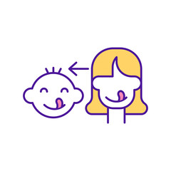 Baby copy facial expression RGB color icon. Developmental milestone for infant. Early childhood development stage. Parent with child. Emotional intelligence in kids. Isolated vector illustration