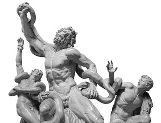 Front view of famous laocoon roman copy sculpture isolated on white background. Trojan Laocoon was...