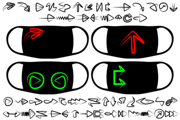 A large set of graphic, abstract illustrations from various directional arrows. Prints on medical masks and for other purposes.