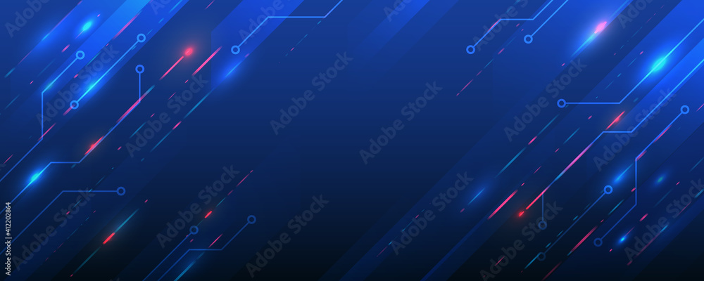 Aufkleber Wide background with various technological elements. Hi-tech computer digital technology concept. Abstract technology communication. Neon glowing lines. Speed and motion blur over dark  background. 
