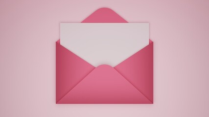 White Blank Card in pink envelope isolated pastel pink background color. Minimal concept of 3D render.
