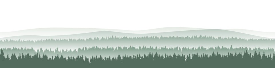 Misty spruce forest landscape. Seamless horizontal background