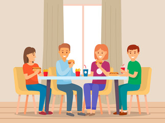 A group of friends eating together in a fast food restaurant having dinner. Happy people are sitting, talking and eating burgers, fries and drinking soda. Young cheerful and smiling men and women