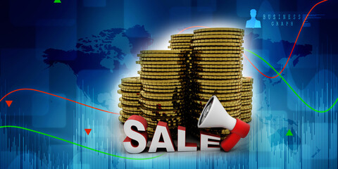 3d rendering Gold coins with sale text
