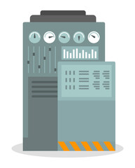 Industrial machine of pipes, cables, motors, buttons, gauges, pumps in flat style. Factory construction equipment, engineering vector illustration. Mechanical machine with manipulator and sensors