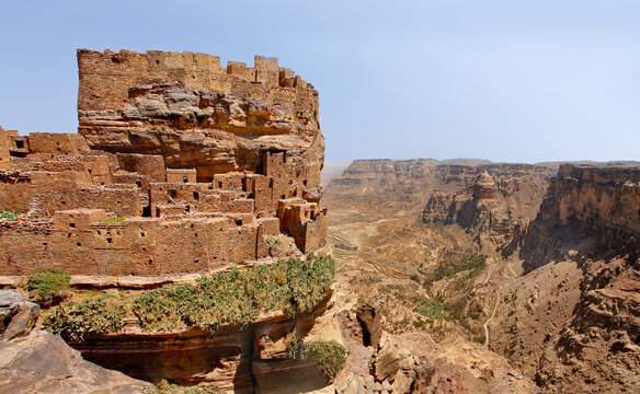 Landscape of mountains Yemen in Eastern Haraz Ruins of an old fortress
