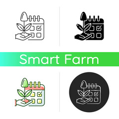 Estimating planting time icon. Growing season. Plant production. Harvesting. Smart farming. Linear black and RGB color styles. Isolated vector illustrations