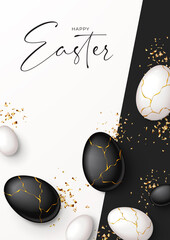 Happy Easter holiday poster. Top view on white and black eggs with golden liquid and golden confetti. Vector illustration with 3d decorative objects. Greeting flyer.