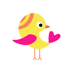 Beautiful bright bird. Multicolored cartoon bird. Design element in flat style isolated on white background. Vector illustration