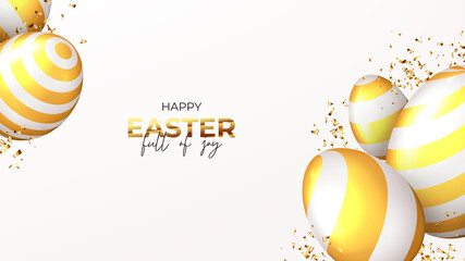 Happy Easter holiday banner. White eggs with golden stripes and golden confetti. Vector illustration with 3d decorative objects. Greeting banner.