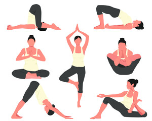 Vector set of 7 yoga poses. Popular asanas. Application design