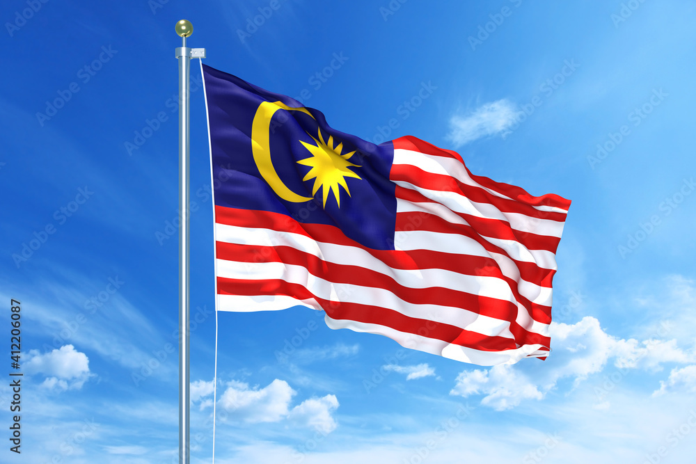 Wall mural malaysia flag waving on a high quality blue cloudy sky, 3d illustration