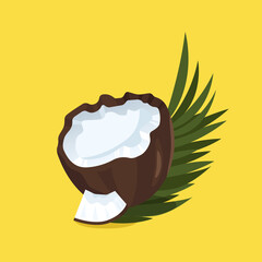 Coconut on yellow isolated background. Exotic fruit with palm leaf on isolated background.  