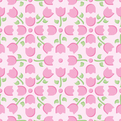 Pink tulip vector repeat pattern. Simple flowers and dots illustration background.