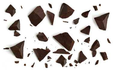 Broken, cracked or crushed dark chocolate parts from top view isolated on white background	