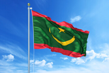 Mauritania flag waving on a high quality blue cloudy sky, 3d illustration