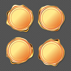 Golden wax seal stamp approval sealing. Quality guarantee blank retro postal gold round labels, royal insignia for letter or document isolated on transparent background. Realistic 3d vector icons set