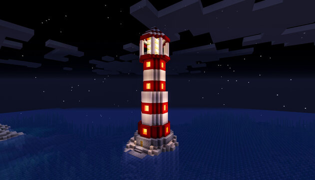 Minecraft Game – February 9 2021: Sample of Simply Lighthouse in Minecraft Game 3D illustration. Editorial