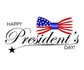 Happy President's Day in USA with stars and bow tie. Script. Calligraphic design for print greetings card, sale banner, poster. 
