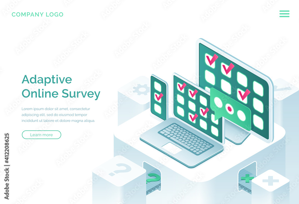 Aufkleber adaptive online survey isometric landing page. checklist questionnaire form with check marks on digi