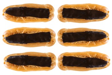 Eclairs top view. A group of French eclairs.