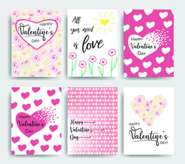 Collection of pink, black, white colored Valentine's day card templates with lettering. Typography poster, card, label, banner design set. Vector illustration EPS10