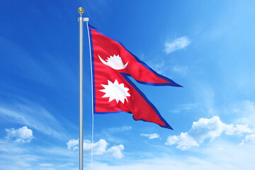 Nepal flag waving on a high quality blue cloudy sky, 3d illustration - obrazy, fototapety, plakaty