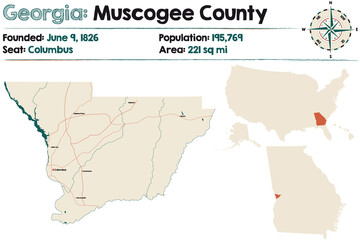 Large and detailed map of Muscogee county in Georgia, USA.