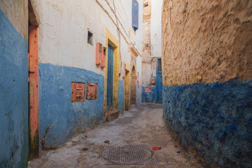 Essaouira, Morocco old town citadel features rustic and character narrow lanes and colourful...
