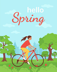 Postcard hello spring. Young happy woman rides a bicycle in the blooming city park. The concept of outdoor activities in warm season. Cute flat cartoon vector illustration.