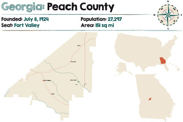 Large and detailed map of Peach county in Georgia, USA.