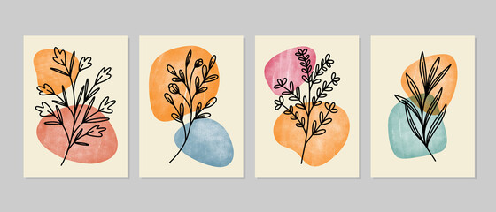 Swt of Abstract Botanical Wall Art, Abstract Leaves, boho branch botanical art for wall decoration, postcard or brochure design. Vector illustration.